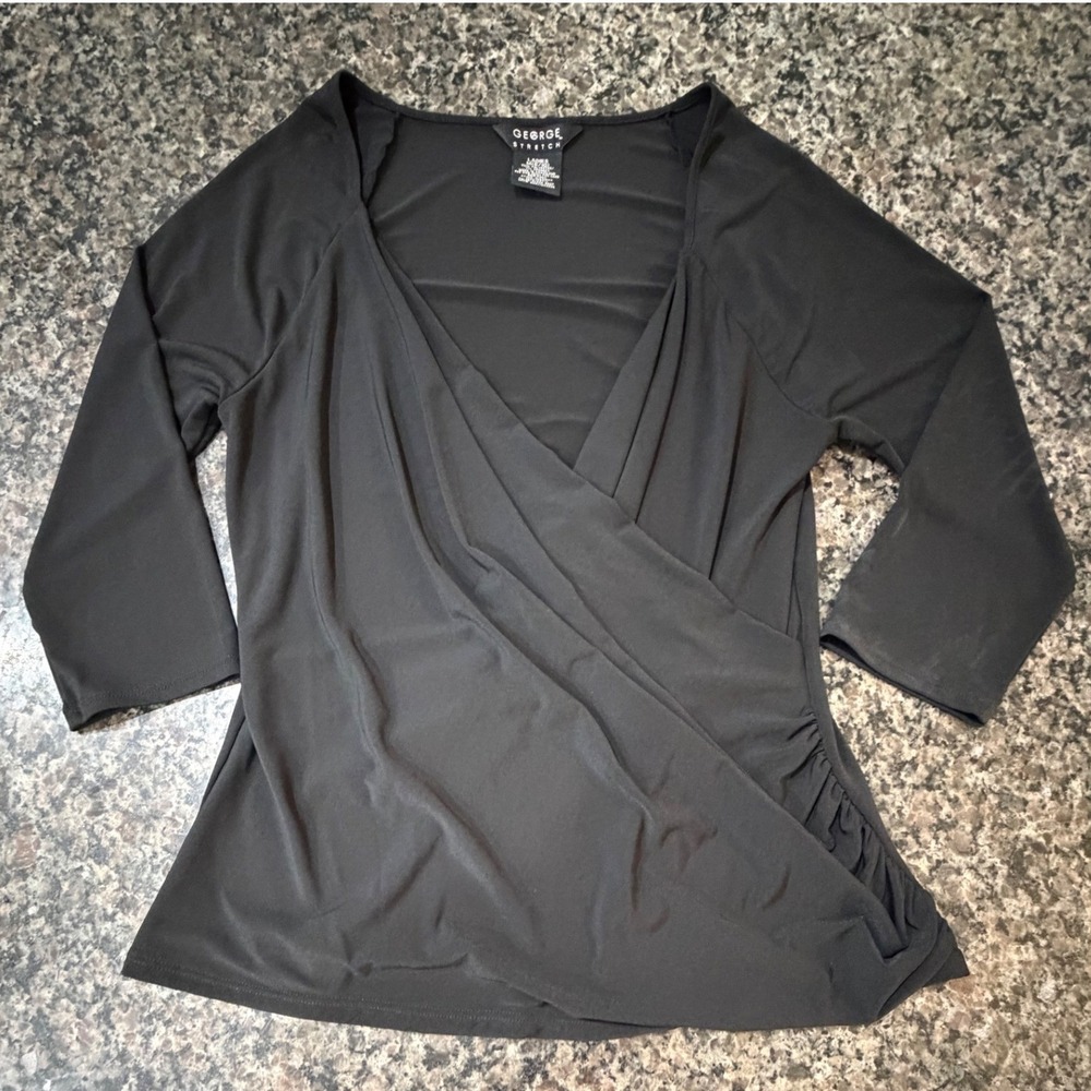 George Stretch Womens Black Wrap Front V-Neck 3/4 Sleeve Top Size M 8/10